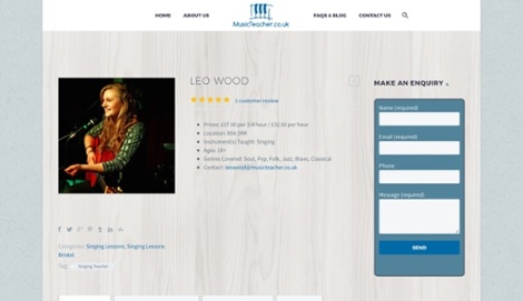 Leo Wood's Music Teacher profile, including the review that a student left about her private music tuition.